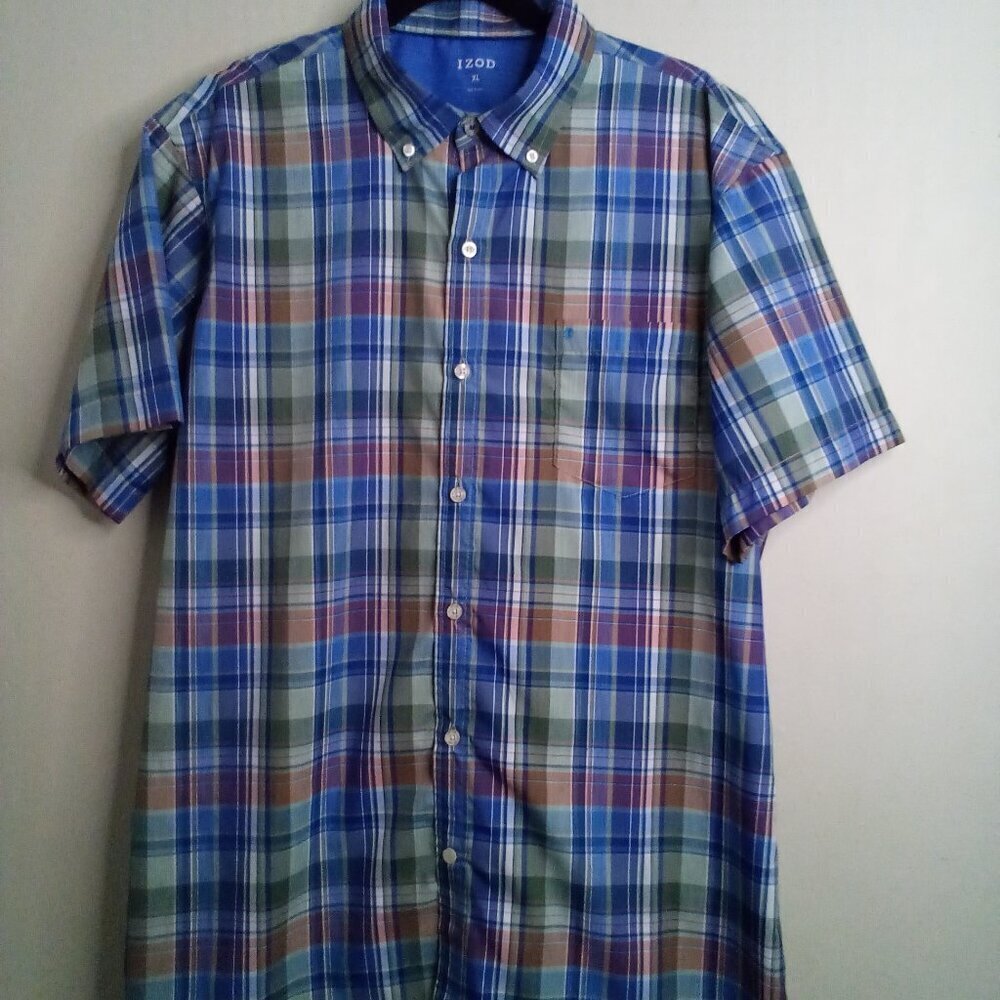 Izod Shirt Men XL Short Sleeve Moisture Wicking Button Down Plaid Blue Green